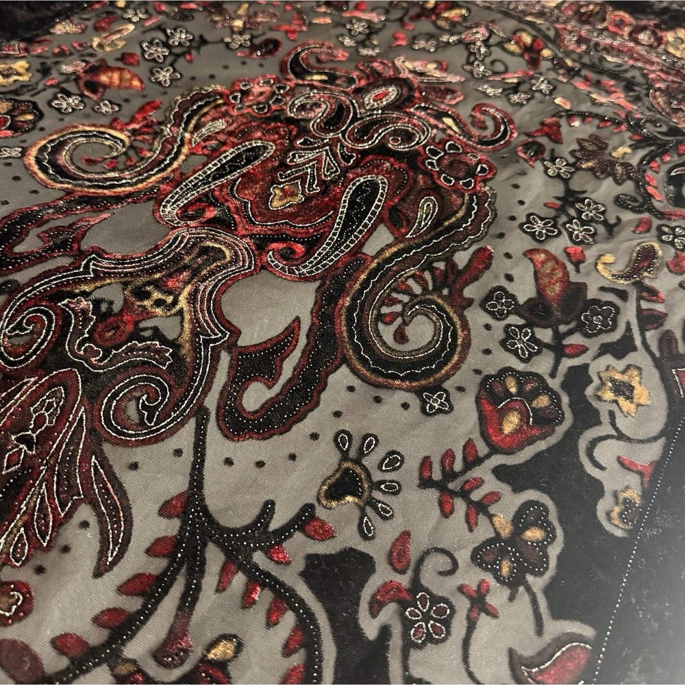 Velvet Burnout Scarf Black Red Metallic Floral Fringe Whimsigoth Dark Fairy Glam